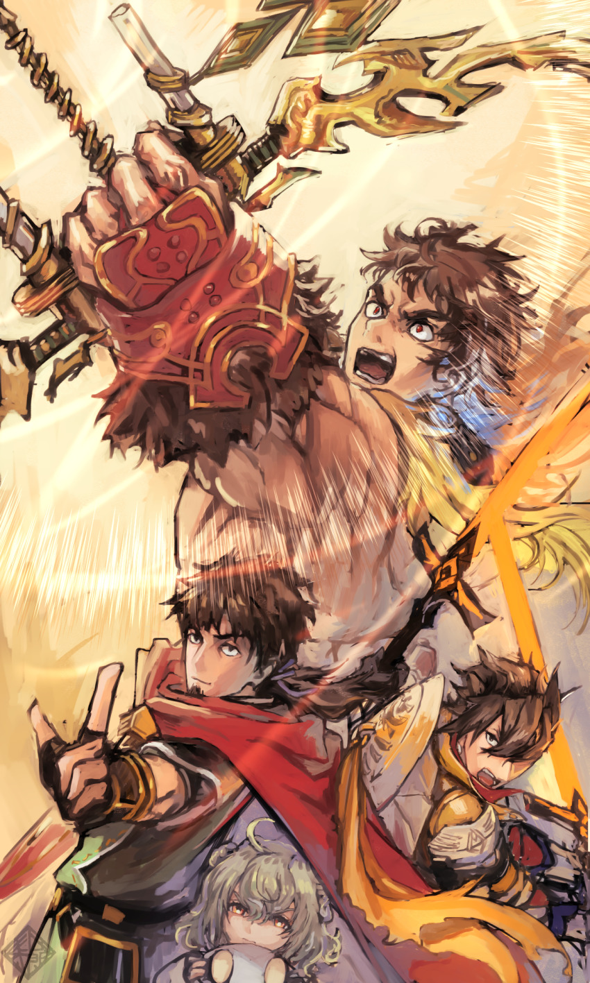 4boys aiming bow_(weapon) brown_hair cape child drawing_bow fate/grand_order fate_(series) hector_(fate) highres holding holding_bow_(weapon) holding_weapon index_finger_raised light_particles male_focus mandricardo_(fate) messy_hair momomogeta multiple_boys muscular muscular_male open_mouth paris_(fate) pectorals red_cape short_hair sketch super_orion_(fate) thick_eyebrows weapon