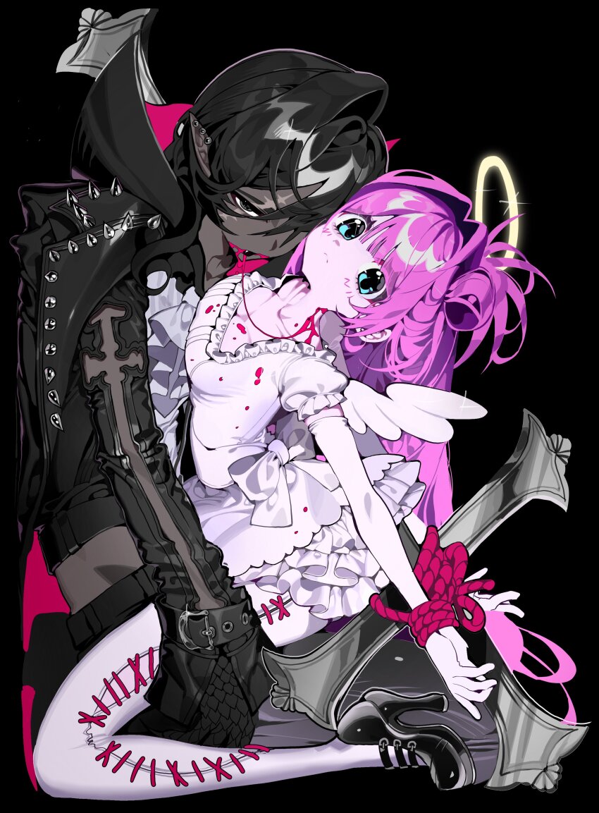 1boy 1girl absurdres angel_wings black_background black_eyes black_hair black_shoes blood blood_from_mouth blood_from_neck blue_eyes bound bound_wrists breasts cleavage closed_mouth collarbone commentary dark-skinned_male dark_skin dress elbow_gloves fang gloves hair_intakes halo hetero high_heels highres long_hair looking_at_viewer original pantyhose pink_hair pointy_ears puffy_short_sleeves puffy_sleeves scar scar_across_eye scar_on_face scocasr shoes short_dress short_sleeves simple_background single_hair_intake symbol-only_commentary traditional_halo vampire vampire_bite white_dress white_gloves white_pantyhose wings