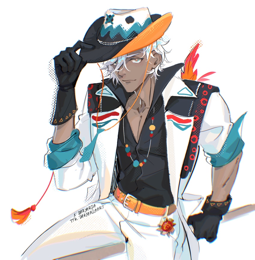 1boy belt black_gloves black_shirt bright_pupils closed_mouth coat collared_shirt dark-skinned_male dark_skin daryaria design_speculation genshin_impact gloves green_eyes hair_between_eyes hand_on_headwear hand_up hat high_collar highres ifa_(genshin_impact) light_smile looking_at_viewer male_focus multicolored_eyes open_clothes open_coat orange_belt orange_eyes pants pectoral_cleavage pectorals pyro_symbol_(genshin_impact) red_eyes shirt short_hair sitting sleeves_rolled_up solo twitter_username v-neck vision_(genshin_impact) white_coat white_hair white_pants white_pupils