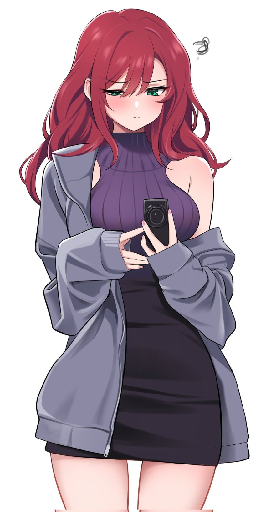 1girl bare_shoulders black_skirt green_eyes grey_jacket highres jacket kayra_(namu_(112namu)) long_hair namu_(112namu) off_shoulder original purple_sweater ribbed_sweater simple_background skirt solo sweater turtleneck turtleneck_sweater