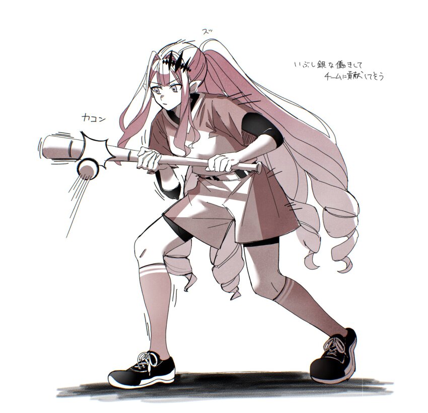 1girl baobhan_sith_(fate) baseball baseball_bat baseball_uniform euhage73 fate/grail_league fate/grand_order fate_(series) full_body hair_ornament highres kneehighs leaning_forward pink_hair pointy_ears ponytail sidelocks socks solo sportswear translation_request white_background