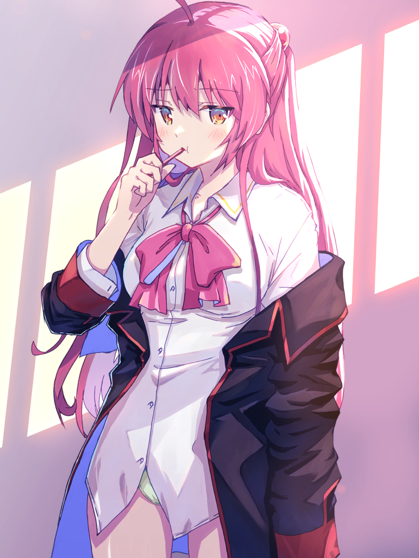 1girl :t ahoge akayama_yukihe black_jacket blush bow breasts brushing_teeth closed_mouth collared_shirt commentary cowboy_shot dress_shirt frown futaki_kanata green_panties hair_between_eyes hair_bobbles hair_ornament hair_over_shoulder half_updo hand_up highres jacket jitome little_busters! little_busters!_school_uniform long_hair long_sleeves medium_breasts no_pants open_clothes open_jacket panties panty_peek pink_bow purple_hair school_uniform shirt sidelighting simple_background solo straight_hair underwear very_long_hair white_shirt yellow_eyes