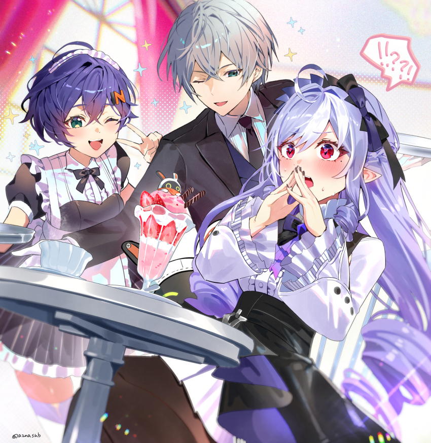 !? 1boy 2girls ahoge azna belle_(zenless_zone_zero) black_dress black_necktie black_skirt black_suit blue_hair blush butler dress drill_hair dutch_angle formal_clothes green_eyes grey_hair hair_ornament highres letter_hair_ornament long_hair long_sleeves maid multiple_girls necktie official_alternate_costume one_eye_closed open_mouth overskirt pointy_ears purple_eyes purple_hair shirt short_hair skirt spoken_interrobang suit twitter_username vivian_(zenless_zone_zero) white_dress white_shirt wise_(zenless_zone_zero) zenless_zone_zero