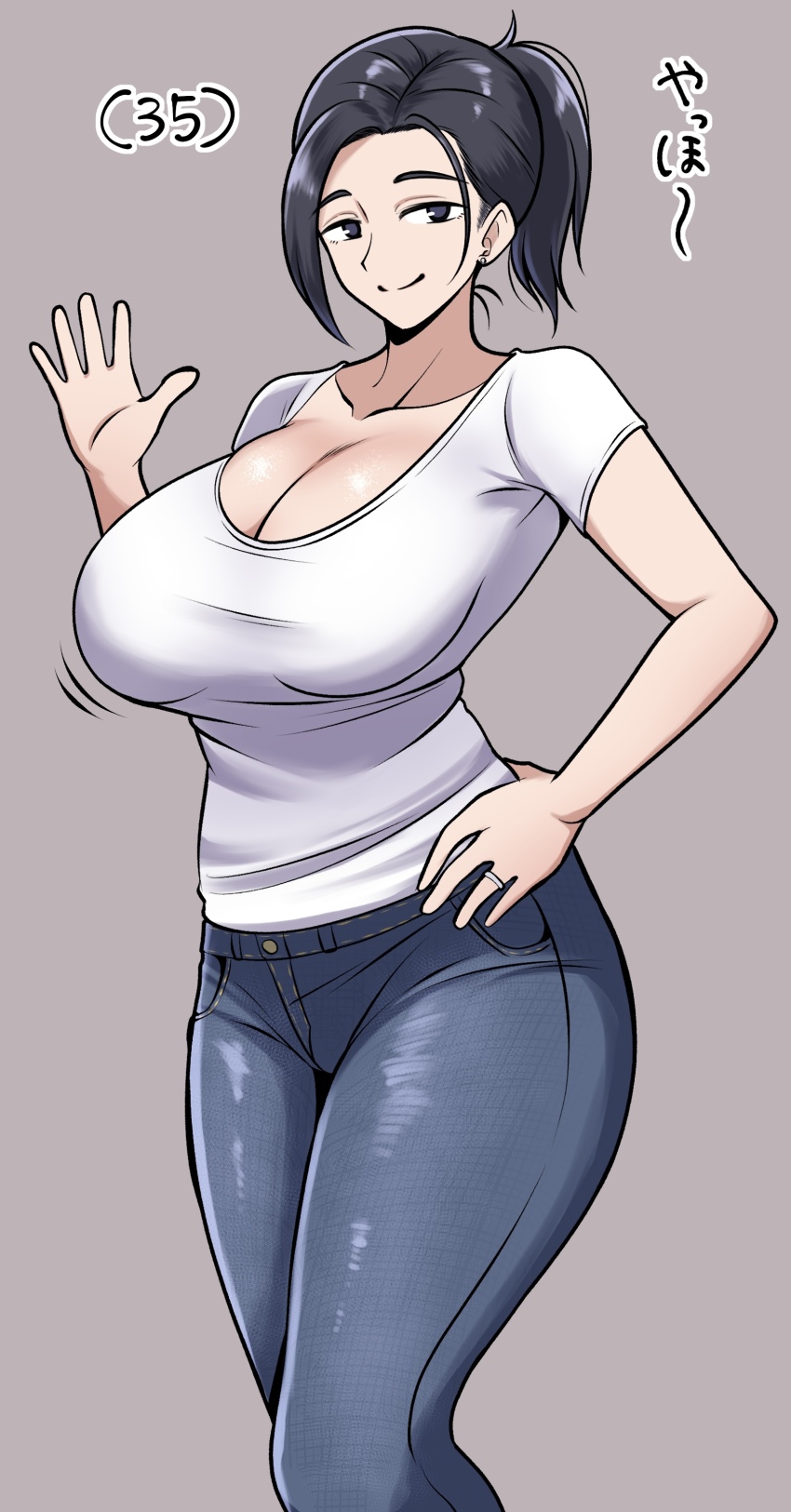 1girl absurdres black_hair breasts cleavage closed_mouth collarbone commentary_request denim earrings grey_background grey_eyes hand_on_own_hip hand_up highres huge_breasts jeans jewelry kiteman442 large_breasts mature_female original pants ring shirt simple_background smile solo stud_earrings t-shirt translation_request white_shirt