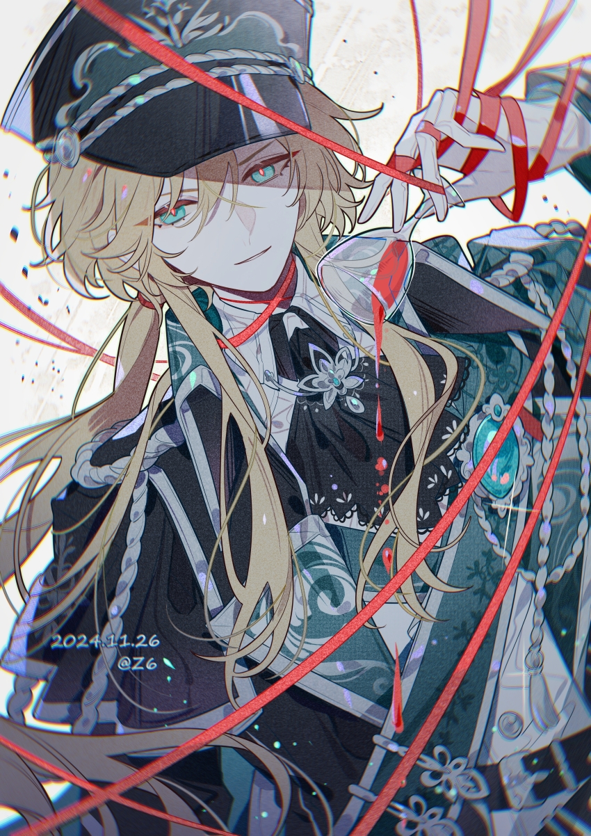 absurdres alcohol belt blonde_hair blue_eyes brooch cup drinking_glass gloves hat highres jewelry lars_rorschach lars_rorschach_(infinite_empire) looking_at_viewer lovebrush_chronicles low_ponytail military_hat military_uniform ponytail red_ribbon ribbon smile tassel wine wine_glass z6