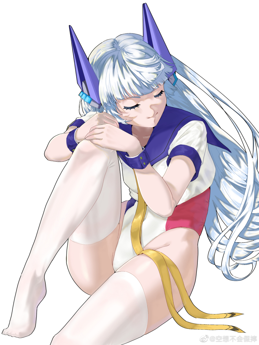 1girl absurdres blue_sailor_collar blunt_bangs closed_eyes closed_mouth headgear highleg highleg_leotard highres knee_up le_fantasque_(warship_girls_r) le_fantasque_buhuijiashuai leotard long_hair no_shoes ribbon sailor_collar short_sleeves simple_background sitting smile solo thighhighs very_long_hair warship_girls_r watermark weibo_watermark white_background white_hair white_leotard white_thighhighs wrist_cuffs