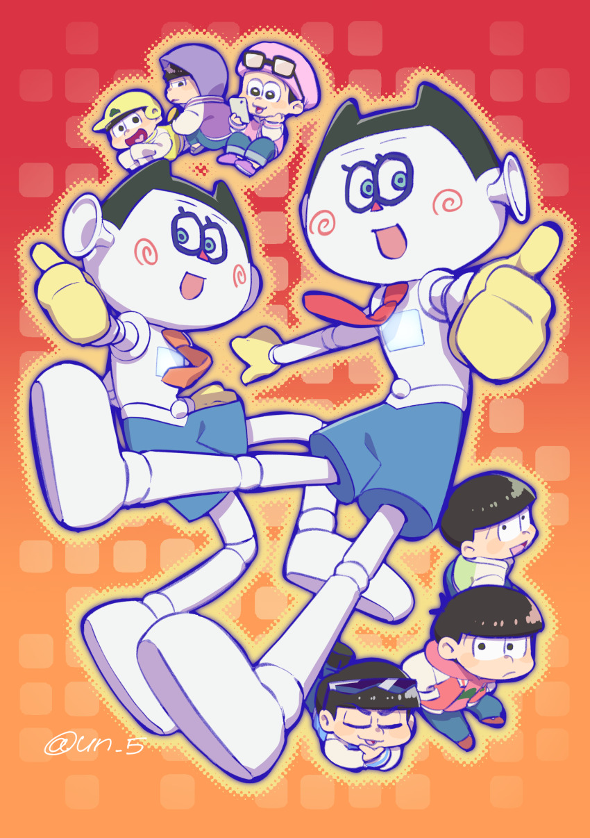 6+boys absurdres baseball_helmet blue_eyes blue_shorts cellphone denim eyewear_on_head gloves green_jacket heart heart_in_mouth helmet highres holding holding_phone hood hood_up hooded_jacket jacket jeans male_focus matsuno_choromatsu matsuno_ichimatsu matsuno_jyushimatsu matsuno_karamatsu matsuno_osomatsu matsuno_todomatsu multiple_boys necktie open_mouth osomatsu-san osomatsu_(series) pants phone pink_headwear pink_jacket purple_footwear purple_jacket red_footwear red_jacket red_necktie red_nose robot sextuplets shake_(osomatsu-san) shorts signature smartphone sunglasses tendoshi thumbs_up ume_(osomatsu-san) yellow_gloves yellow_headwear