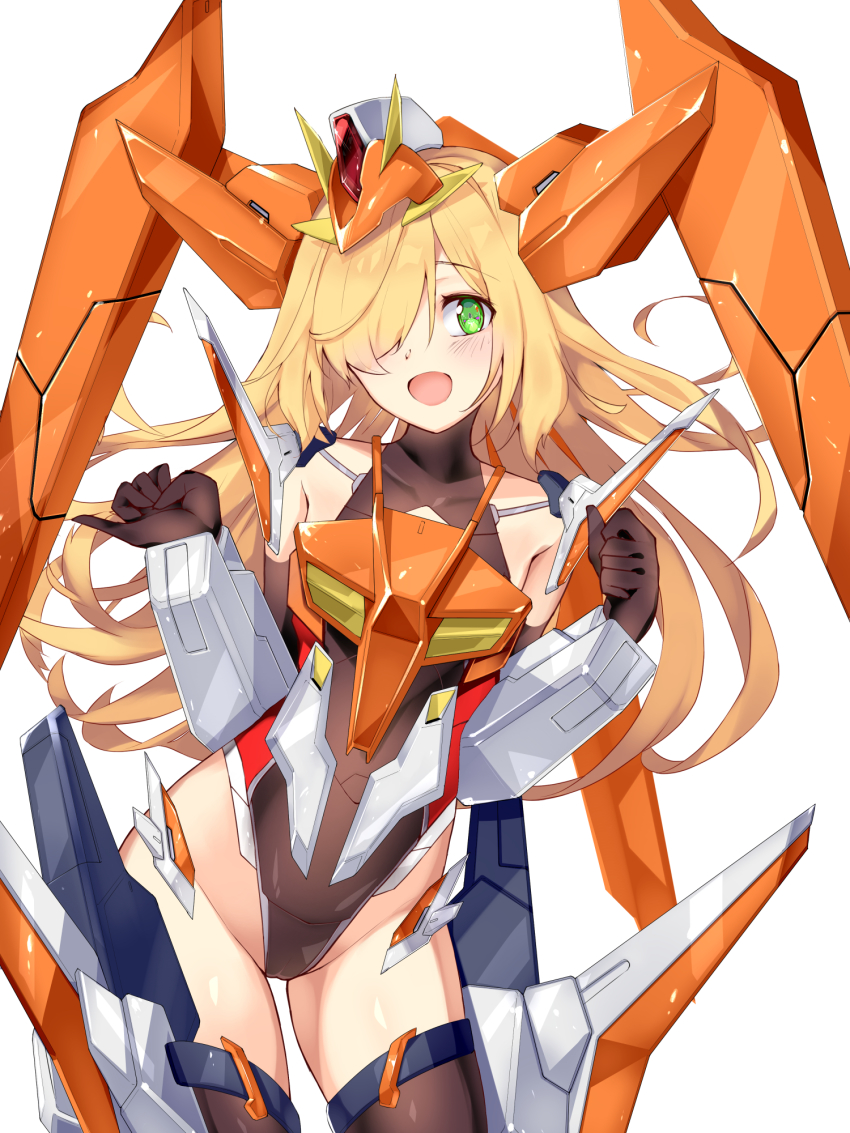 1girl black_gloves black_leotard clenched_hand collarbone floating_hair gloves green_eyes gundam gundam_00 gundam_arios hair_over_one_eye halterneck highres i.takashi leotard long_hair mecha_musume one_eye_covered open_mouth personification pinky_out solo very_long_hair white_background