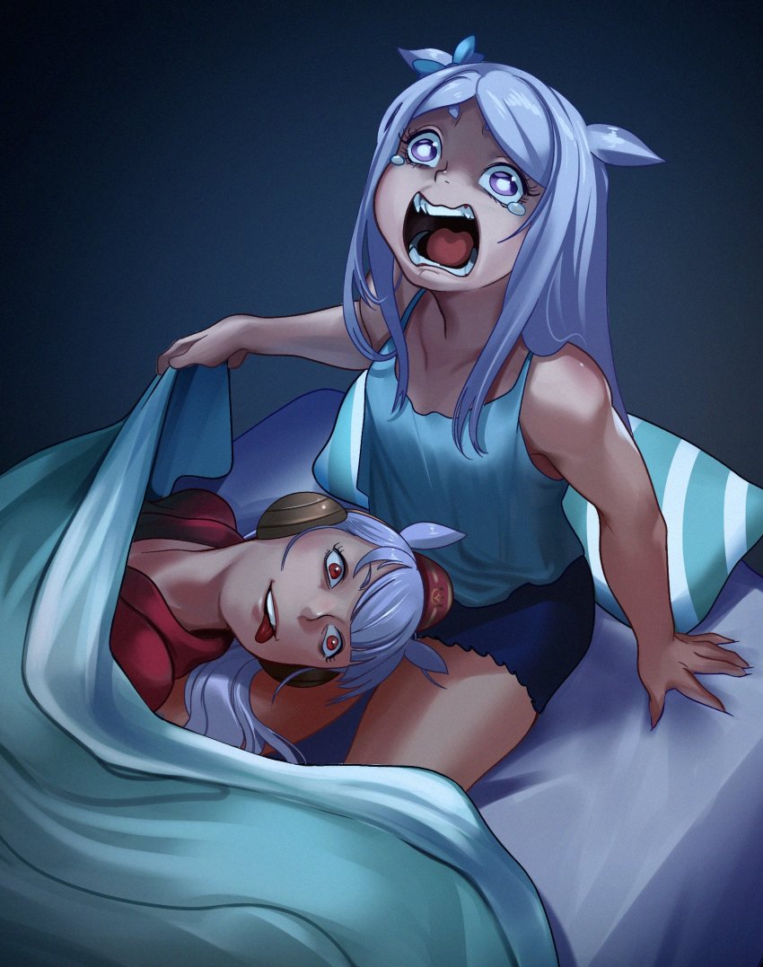 2girls animal_ears aqua_bow bed blanket blunt_bangs bow crying ear_bow ear_covers gold_ship_(umamusume) grey_hair highres horse_ears horse_girl light_purple_hair long_hair mejiro_mcqueen_(umamusume) multiple_girls open_mouth parody pillbox_hat pillow purple_eyes red_eyes scene_reference shorts tank_top the_godfather tongue tongue_out umamusume voodoothur