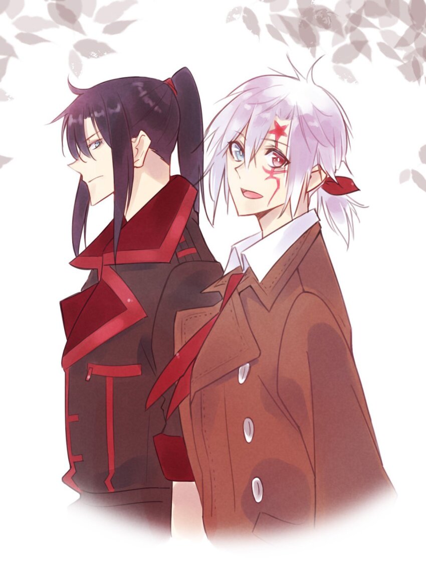 2boys allen_walker black_coat black_order_uniform blue_eyes brown_coat coat collared_coat collared_shirt d.gray-man facial_mark george_man hair_between_eyes hair_ribbon heterochromia high_ponytail highres kanda_yuu leaf long_hair looking_at_another looking_at_viewer low_ponytail medium_hair military military_uniform multiple_boys open_mouth ponytail purple_hair red_eyes red_ribbon red_stripes ribbon shirt short_ponytail sidelocks star_(symbol) star_facial_mark striped_coat trench_coat white_background white_hair white_shirt