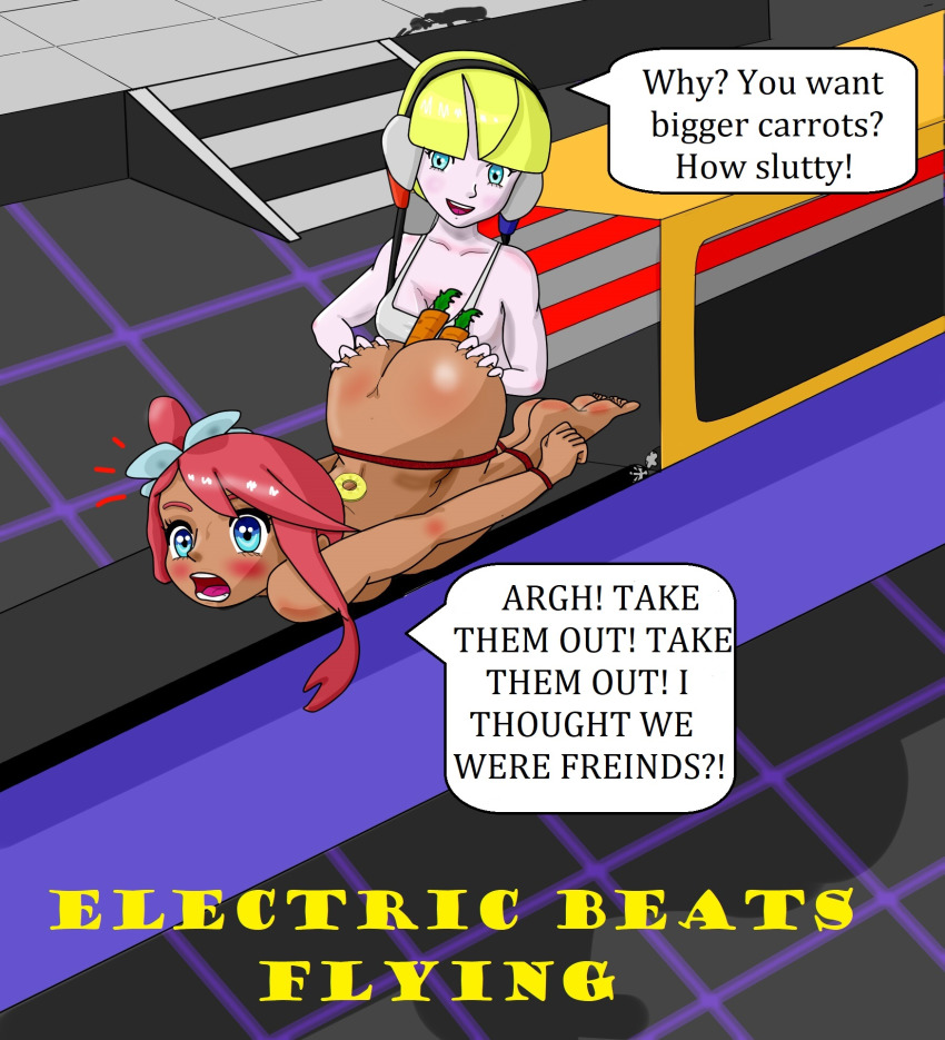 2girls anal anal_object_insertion anus apron ass ass_grab bdsm blonde_hair blue_eyes blush bondage bound breasts cannibalism carrot cleavage completely_nude cooking creatures_(company) dark-skinned_female dark_skin elesa_(pokemon) english_text feet female_focus food fruit game_freak green_eyes hair_ornament highres huge_ass large_breasts long_hair multiple_girls naked_apron nintendo nipples nude object_insertion oil oven pineapple pokemon pokemon_(anime) pokemon_bw_(anime) ponytail red_hair red_rope rope scared scrufty shiny_skin short_hair short_ponytail side_ponytail skyla_(pokemon) speech_bubble sweat thick_thighs thighs top-down_bottom-up twintails vaginal vaginal_object_insertion vegetable yuri