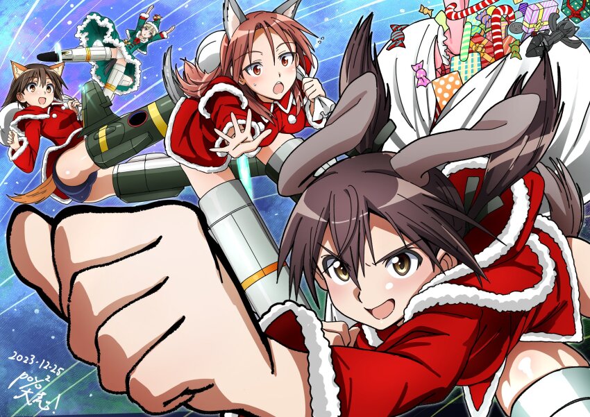 4girls animal_ears blonde_hair blue_eyes blue_one-piece_swimsuit blush breasts brown_eyes brown_hair christmas christmas_present crotch dog_ears dog_tail erica_hartmann flying gertrud_barkhorn gift hair_ribbon highres large_breasts long_hair looking_at_viewer minna-dietlinde_wilcke miyafuji_yoshika multiple_girls one-piece_swimsuit open_mouth panties poyopoyotaishi red_eyes red_hair ribbon santa_costume short_hair small_breasts smile strike_witches striker_unit swimsuit tail twintails underwear white_panties wolf_ears wolf_tail world_witches_series