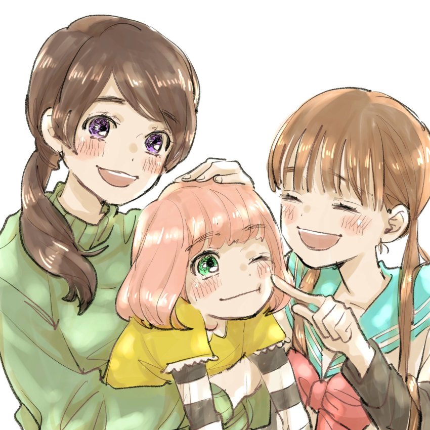 3girls arms_around_waist blue_sailor_collar blunt_bangs blush_stickers bob_cut brown_hair cheek_poking closed_eyes dot_nose eyelashes finger_to_another&#039;s_cheek fingernails furrowed_brow green_eyes green_sweater hand_on_another&#039;s_head hand_up happy highres holding index_finger_raised kawamoto_akari kawamoto_hinata kawamoto_momo laughing layered_sleeves lineup long_sleeves multiple_girls neck_ribbon one_eye_closed open_mouth orange_hair parted_bangs poking purple_eyes red_ribbon ribbon sailor_collar sakakibara721 sangatsu_no_lion shirt short_over_long_sleeves short_sleeves siblings side_ponytail simple_background sisters smile striped_sleeves sweater tareme teeth turtleneck turtleneck_sweater twintails upper_body upper_teeth_only white_background yellow_shirt