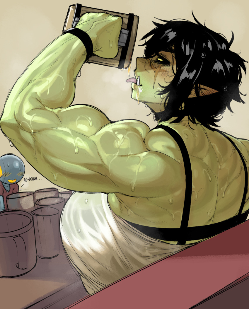 ... 1girl 1other alcohol back black_hair blonde_hair blush breasts choker colored_skin cup dripping ear_blush facial_scar female_orc green_skin grey_background highres holding holding_cup huge_breasts krekkball krekkov mug muscular muscular_female orc original pointy_ears scar scar_on_cheek scar_on_face scar_on_nose short_hair simple_background sitting sweat tongue tongue_out tusks upper_body wristband