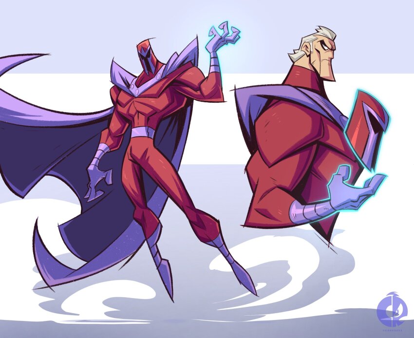 1boy angry artist_logo cape gloves glowing glowing_hand grey_background grey_hair helmet highres kevin_shah logo magneto marvel old old_man procreate_(medium) purple_cape purple_gloves serious short_hair superhero_costume x-men