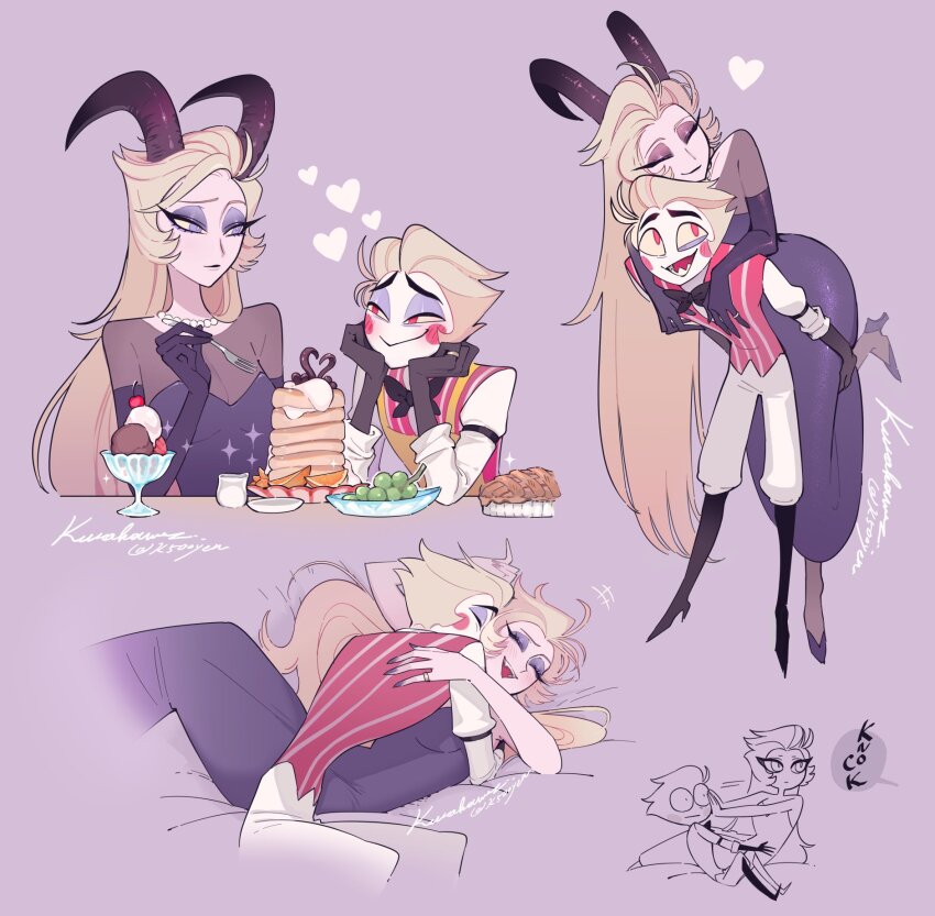1boy 1girl blonde_hair blush_stickers couple demon_boy demon_girl english_text hair_slicked_back hazbin_hotel highres husband_and_wife k500yen lilith_(hazbin_hotel) looking_at_another lucifer_morningstar_(hazbin_hotel)