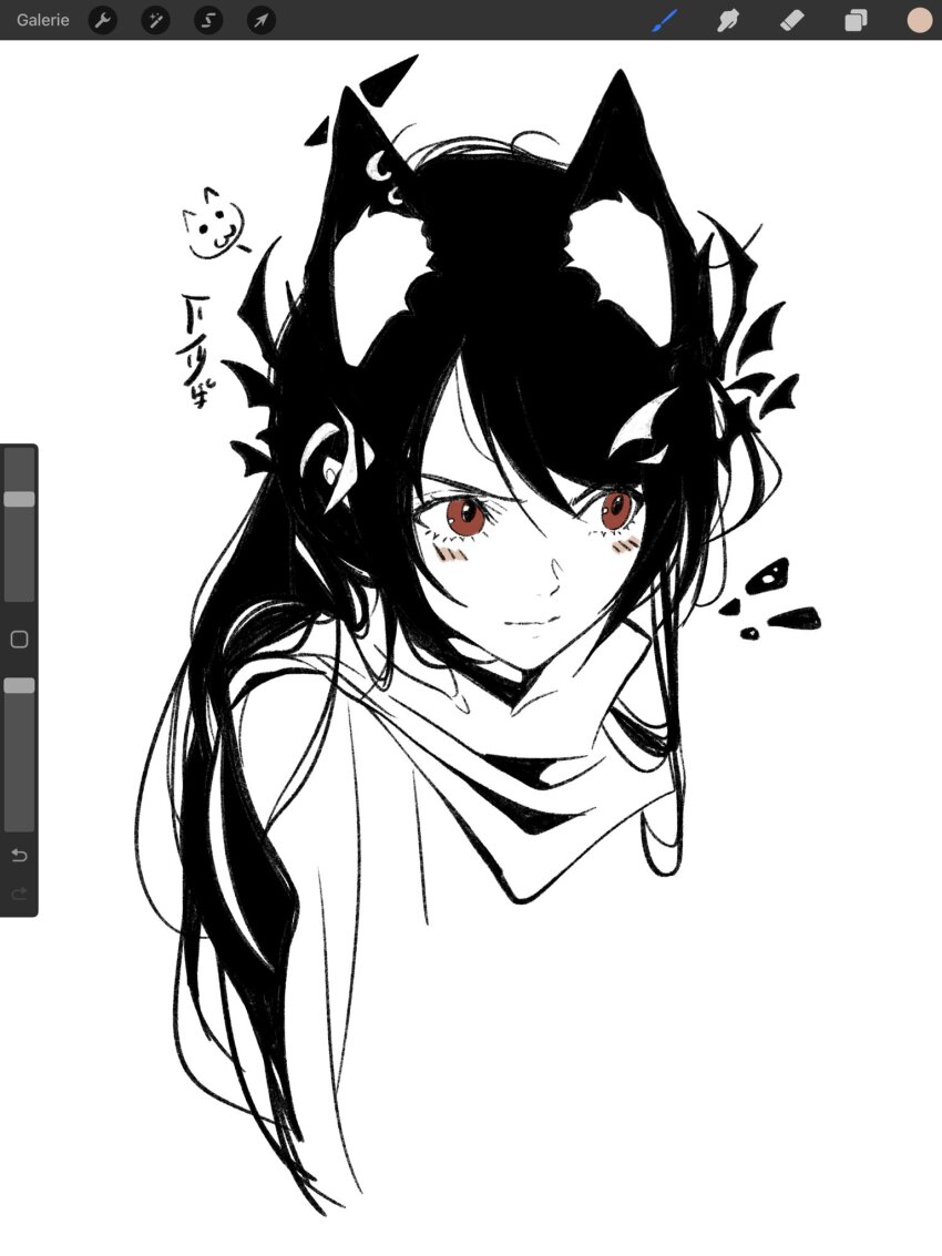 ! 1girl animal_ears art_program_in_frame black_hair closed_mouth demonerith final_fantasy final_fantasy_vii final_fantasy_vii_ever_crisis furrowed_brow highres light_blush official_alternate_costume red_eyes scarf sketch solo swept_bangs tifa_lockhart tifa_lockhart_(armor_of_the_worthy) upper_body white_background