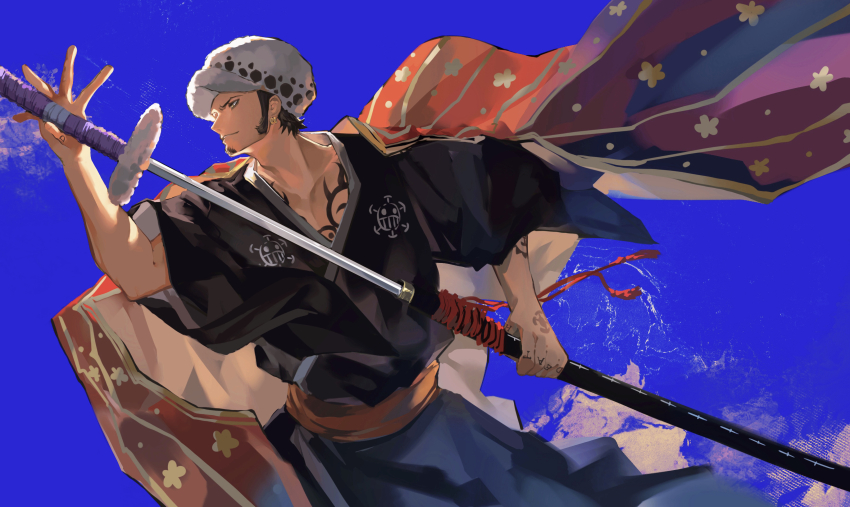 1boy absurdres arm_tattoo bare_arms black_hair black_kimono blue_background chest_tattoo drawing_sword elbow_sleeve facial_hair finger_tattoo floral_print fur_hat goatee hand_tattoo hat heart_pirates_jolly_roger highres holding holding_sword holding_weapon japanese_clothes jiu_wen_daqian kimono looking_to_the_side male_focus nape official_alternate_costume one_piece panther_print sideburns simple_background solo sword tattoo trafalgar_law upper_body v-shaped_eyebrows weapon wide_sleeves