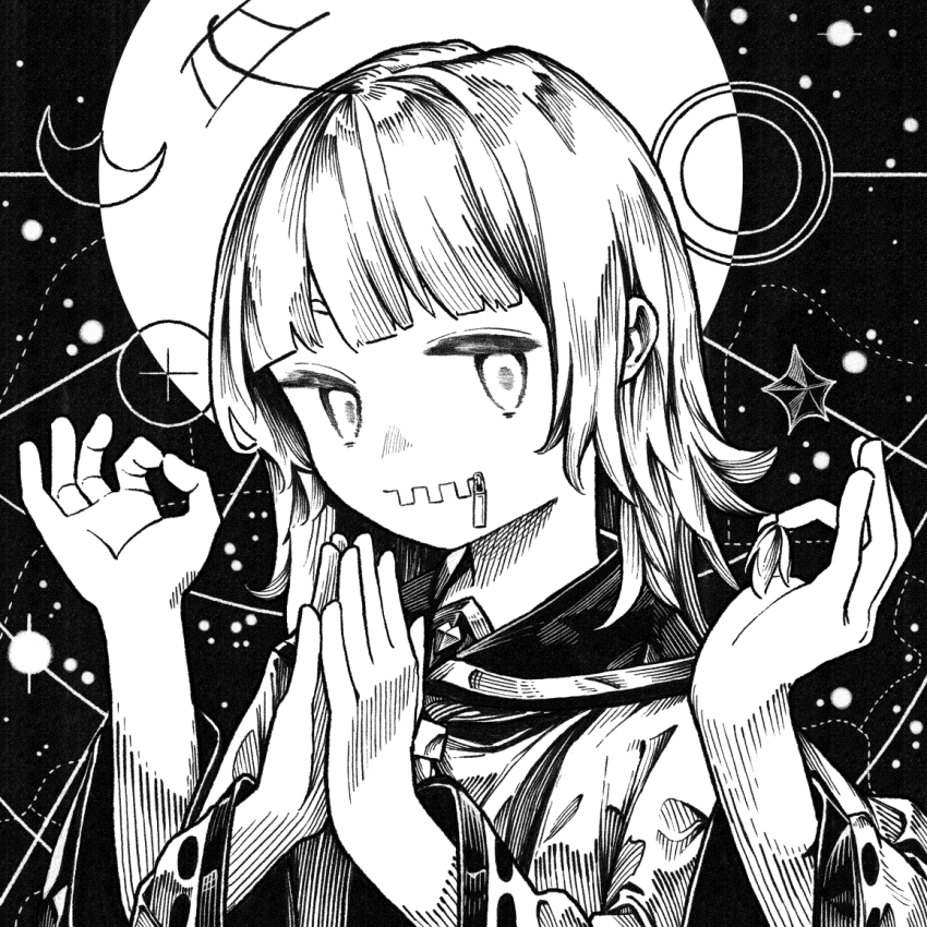 1girl closed_mouth dotted_line extra_arms greyscale gyan_mudra hands_up kilsturgeon looking_at_viewer medium_hair monochrome mudra nizimine_kakoi palms_together poncho radio_antenna sailor_collar solo star_(sky) starry_sky_background upper_body utau zipper_pull_tab
