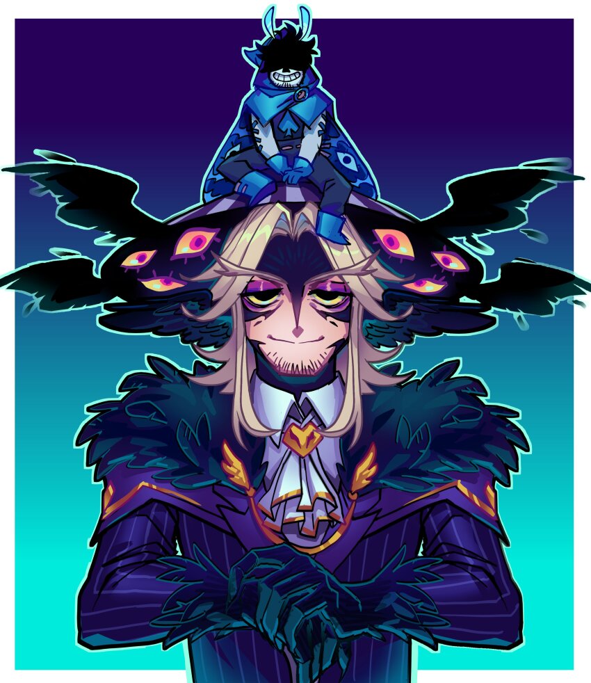2boys absurdres adapted_costume antennae beard bird_boy black_eyes black_gloves blonde_hair blue_cape border bucket_hat cape colored_sclera commentary english_commentary eyeshadow facial_hair fur_trim gloves grin half-closed_eyes hardcore_heart hat head_wings heart highres holographicros3 hood hood_up hooded_cape insect_wings jitome makeup male_focus minecraft_youtube mini_person miniboy moth_antennae moth_boy moth_wings multiple_boys on_head origins_smp ph1lza ph1lza_(elytrian) purple_eyeshadow shaded_face sitting smile sneegsnag spade_(shape) striped_clothes striped_headwear upper_body white_border wings yellow_sclera