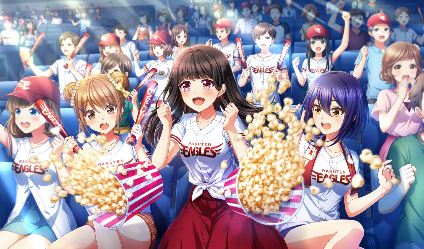 :d baseball_cap baseball_uniform black_hair blue_shorts bow brown_eyes brown_hair brown_shorts cinderella_series clenched_hands double_bun food game_cg hachigatsu_no_cinderella_nine hair_bow hair_bun hat highres light_rays long_hair looking_ahead nagai_kanako nippon_professional_baseball nitta_minako non-web_source official_art open_mouth outdoors popcorn purple_eyes purple_hair red_skirt sakagami_mei shirt short_hair short_sleeves shorts single_sidelock skirt smile sportswear sunbeam sunlight teeth tied_shirt touhoku_rakuten_golden_eagles towel towel_around_neck upper_teeth_only white_shirt yellow_bow