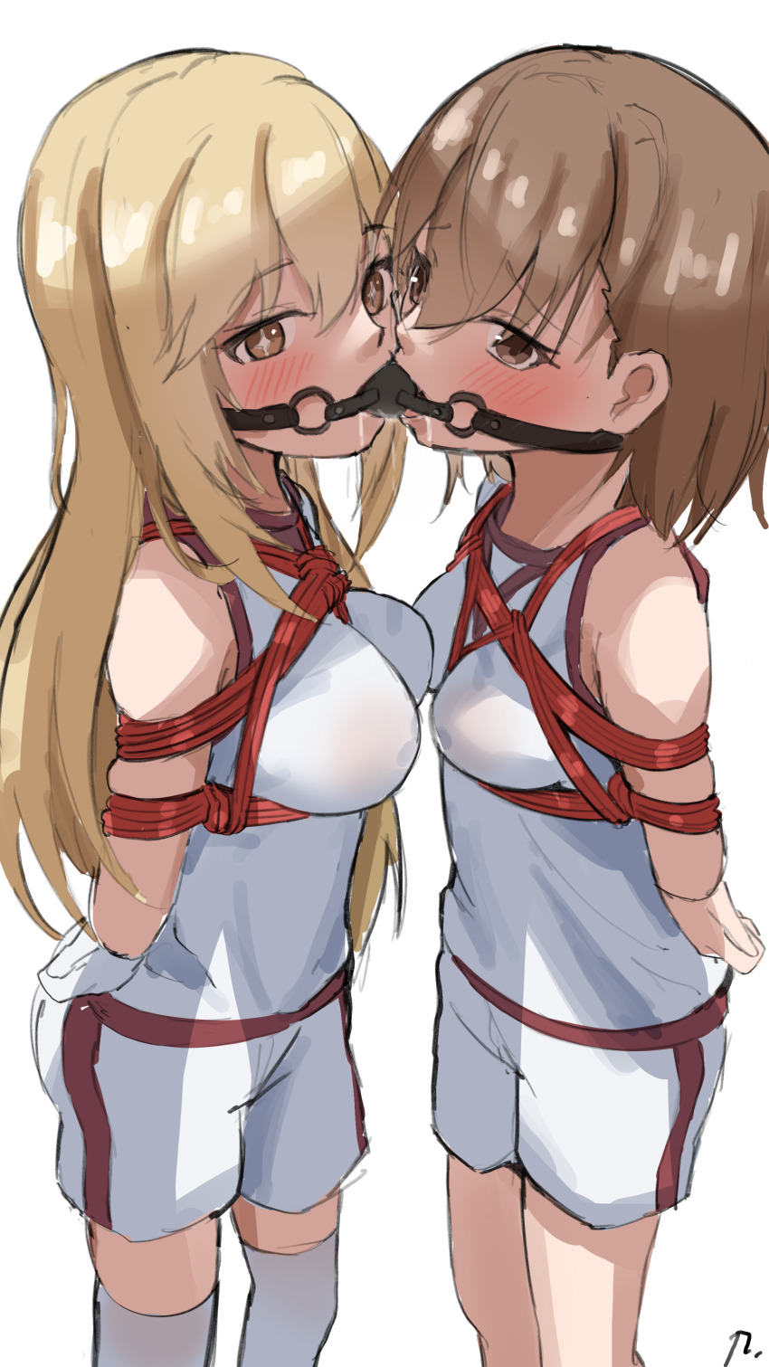 2girls absurdres arms_behind_back ball_gag bdsm blonde_hair bondage bound breasts brown_eyes brown_hair commentary_request drooling elbow_gloves gag gloves gym_shirt gym_shorts gym_uniform hair_between_eyes highres large_breasts linked_gag long_hair looking_at_viewer misaka_mikoto multiple_girls no_print prixy shared_gag shibari shirt shokuhou_misaki short_hair shorts sleeveless sleeveless_shirt small_breasts star-shaped_pupils star_(symbol) symbol-shaped_pupils toaru_kagaku_no_railgun toaru_kagaku_no_railgun_t toaru_majutsu_no_index tokiwadai_school_gym_uniform white_shirt white_shorts