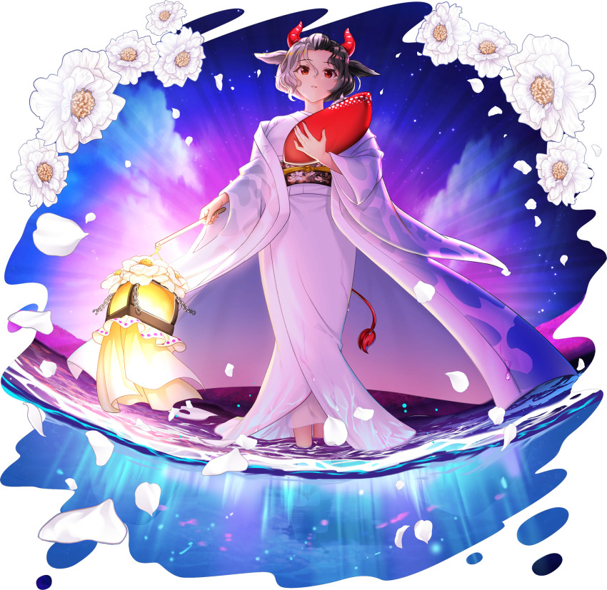 1girl alternate_costume animal_ears black_hair breasts cloud cow_ears cow_girl cow_horns cow_tail falling_petals flower flower_request full_body game_cg grey_hair highres holding horns japanese_clothes kimono long_sleeves looking_at_viewer multicolored_hair obi obijime official_art petals red_horns red_tail rotte_(1109) sash short_hair solo split-color_hair tail third-party_source touhou touhou_lostword transparent_background two-tone_hair ushizaki_urumi water wet wet_clothes white_flower white_kimono white_petals wide_sleeves