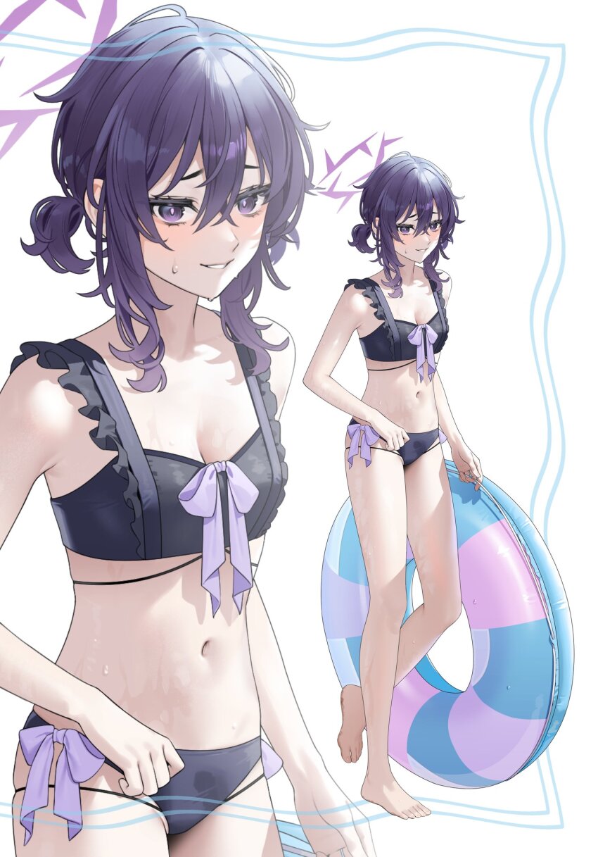 1girl barefoot bikini black_bikini blue_archive blush bow breasts bright_pupils cleavage collarbone cowboy_shot crossed_bangs eyelashes feet frilled_bikini frills full_body hair_between_eyes halo haruka_(blue_archive) highres holding holding_swim_ring innertube legs long_legs looking_at_viewer md5_mismatch multiple_views navel parted_lips purple_bow purple_eyes purple_halo resolution_mismatch shadow sidelocks simple_background source_smaller standing standing_on_one_leg stomach suzu_(tonami0726) sweatdrop swim_ring swimsuit toenails toes wet white_background white_pupils