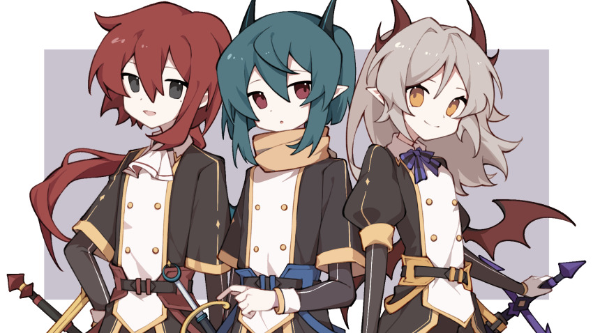 3others androgynous aqua_hair black_eyes black_shirt blonde_hair border demon_wings double-parted_bangs flat_chest gender_request grey_background highres holding holding_sword holding_weapon horns jitome layered_sleeves long_sleeves looking_at_viewer low_wings mari_sleep matching_outfits multiple_others orange_eyes original outside_border pale_skin pointy_ears ponytail red_eyes red_hair scabbard scarf sheath sheathed shirt short_over_long_sleeves short_sleeves side-by-side sword two-tone_shirt upper_body weapon white_border white_shirt wind wings yellow_scarf yellow_trim