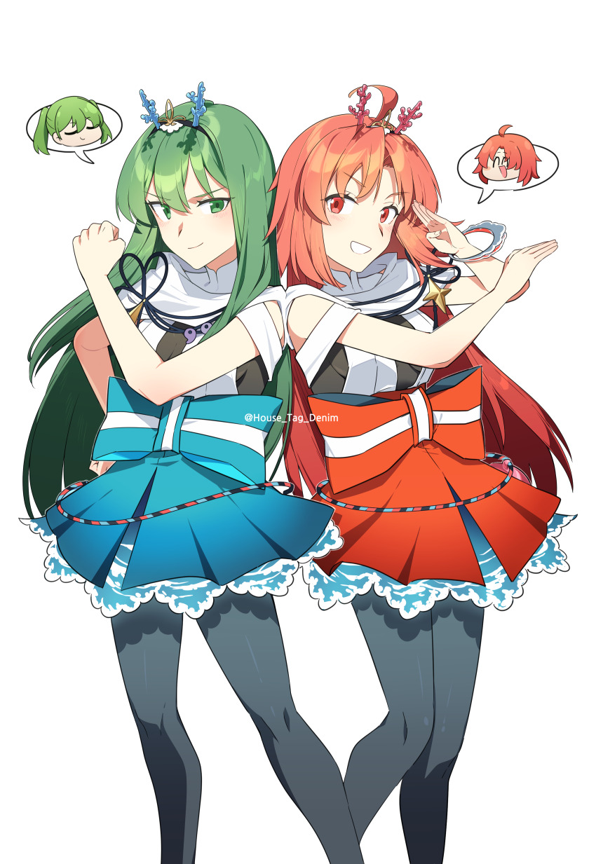 2girls absurdres ahoge black_pantyhose black_shirt blue_skirt blush breasts chibi coral_hair_ornament fate/grand_order fate_(series) green_eyes green_hair green_skirt hairband hibino_hibiki hibino_hibiki_(second_ascension) highres house_tag_denim katsuragi_chikagi katsuragi_chikagi_(second_ascension) layered_clothes layered_skirt long_hair looking_at_viewer mahou_tsukai_no_hako medium_breasts multiple_girls orange_eyes orange_hair orange_skirt pantyhose sash shirt skirt sleeveless sleeveless_shirt smile thighs twintails white_shirt