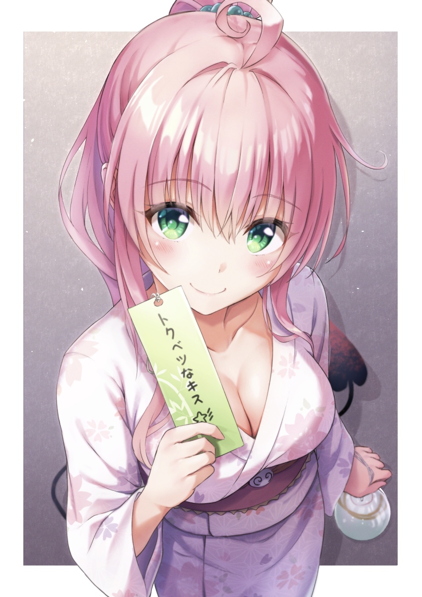 1girl absurdres ahoge alternate_costume alternate_hairstyle bag bagged_fish blush border breasts cleavage closed_mouth collarbone commentary_request demon_tail fish green_eyes high_ponytail highres holding holding_tanzaku japanese_clothes kimono lala_satalin_deviluke lita_illust long_hair long_sleeves looking_at_viewer medium_breasts obi outside_border peke_(to_love-ru) pink_hair pink_kimono ponytail sash smile solo tail tanabata tanzaku to_love-ru translation_request white_border wide_sleeves yukata