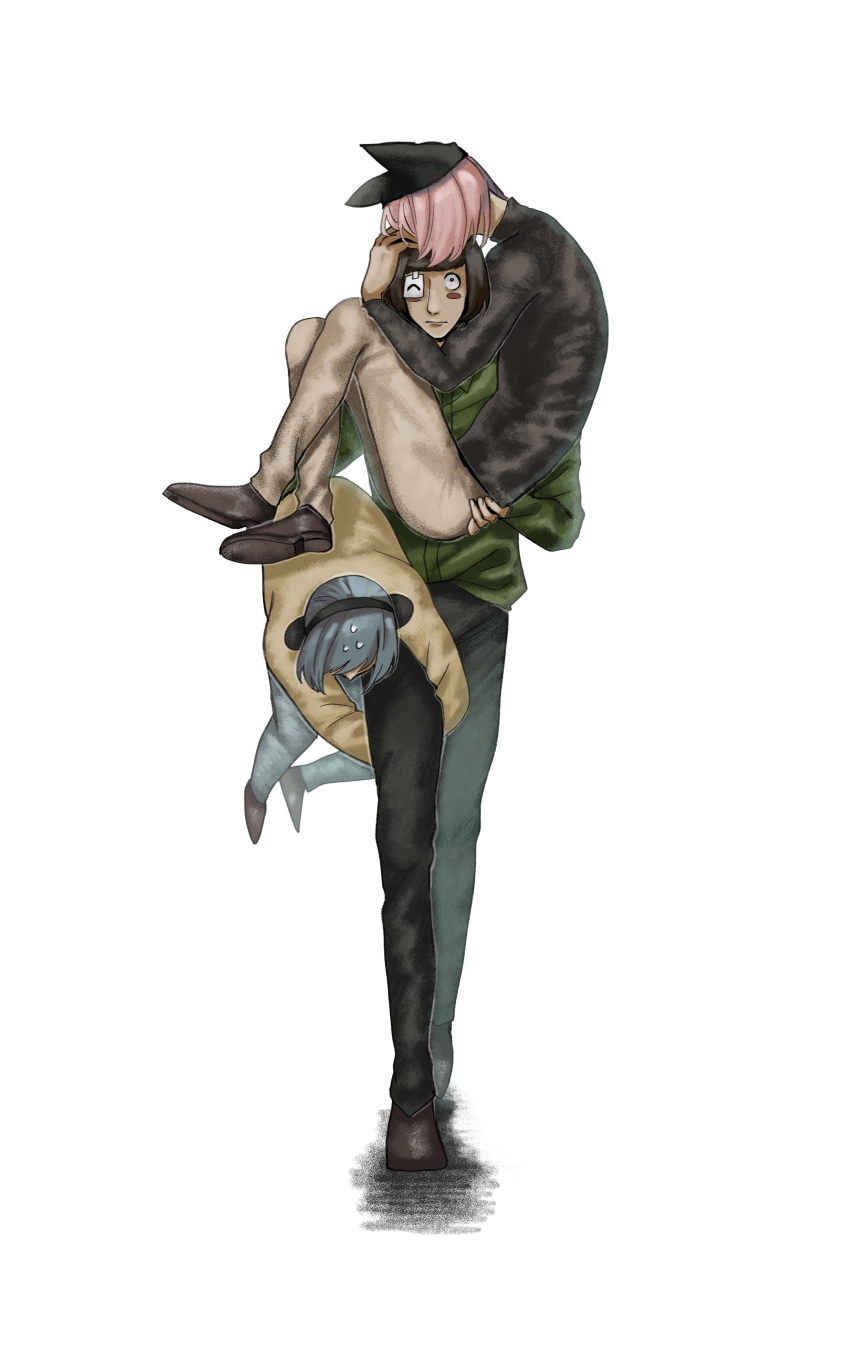 3boys absurdres animal_hat black_eyes blue_hair blush_stickers brown_hair carrying carrying_person cat_hat full_body green_shirt hat highres kyu_nai3390 luther_von_ivory male_focus multiple_boys nyen_(randal&#039;s_friends) nyon_(randal&#039;s_friends) pink_hair randal&#039;s_friends shirt short_hair simple_background taped_note white_background