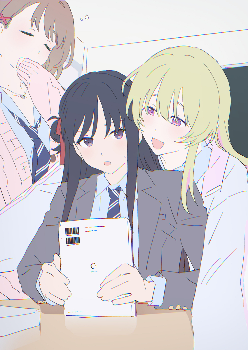 3girls :d black_hair blazer blonde_hair blue_necktie blue_shirt book cardigan closed_eyes colored_inner_hair covering_own_mouth hair_bun hair_ornament hair_ribbon hairclip hand_over_own_mouth highres holding holding_book jacket jewelry looking_at_another loose_necktie mikazuchi_zeus multicolored_hair multiple_girls necklace necktie open_clothes open_jacket open_mouth original pink_hair purple_eyes red_ribbon ribbon school_uniform shirt single_side_bun sleepy small_sweatdrop smile streaked_hair x_hair_ornament