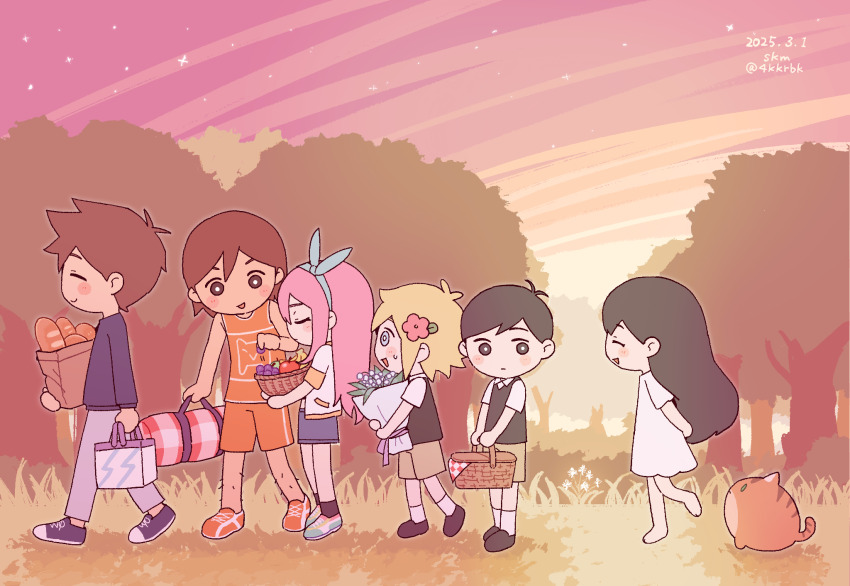 2girls 4boys 4kkrbk antenna_hair artist_name aubrey_(faraway)_(omori) aubrey_(omori) baguette barefoot basil_(faraway)_(omori) basil_(omori) black_shoes black_socks black_sweater_vest blonde_hair blue_hairband blue_shoes blue_skirt blue_sweater blush bouquet bread bright_pupils brown_eyes brown_hair brown_shorts cat chibi chibi_only closed_eyes closed_mouth dark-skinned_male dark_skin dated day denim denim_skirt dress flower food green_sweater_vest grey_pants hairband hero_(faraway)_(omori) hero_(omori) highres holding holding_bouquet holding_picnic_basket kel_(faraway)_(omori) kel_(omori) loafers long_hair looking_at_another mari_(faraway)_(omori) mari_(omori) multiple_boys multiple_girls omori open_mouth orange_shoes orange_shorts outdoors pants picnic_basket pink_hair shoes short_hair shorts skirt smile sneakers socks sunny_(omori) sweatdrop sweater sweater_vest tree white_dress white_pupils white_socks