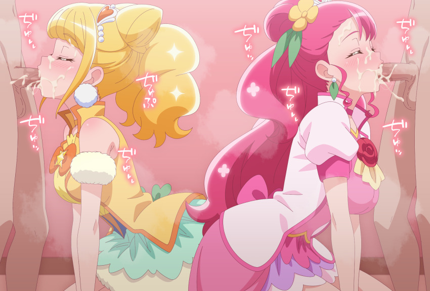 2boys 2girls blonde_hair blush breasts closed_eyes clothed_female_nude_male clothed_sex commentary_request cum cum_in_mouth cum_on_body cure_grace cure_sparkle facial fellatio group_sex hair_ornament hanadera_nodoka healin&#039;_good_precure heart heart_hair_ornament hetero highres hiramitsu_hinata huet-pc jewelry magical_girl multiple_boys multiple_girls nude oral orgy penis pink_hair precure puffy_short_sleeves puffy_sleeves short_sleeves steam sweat testicles