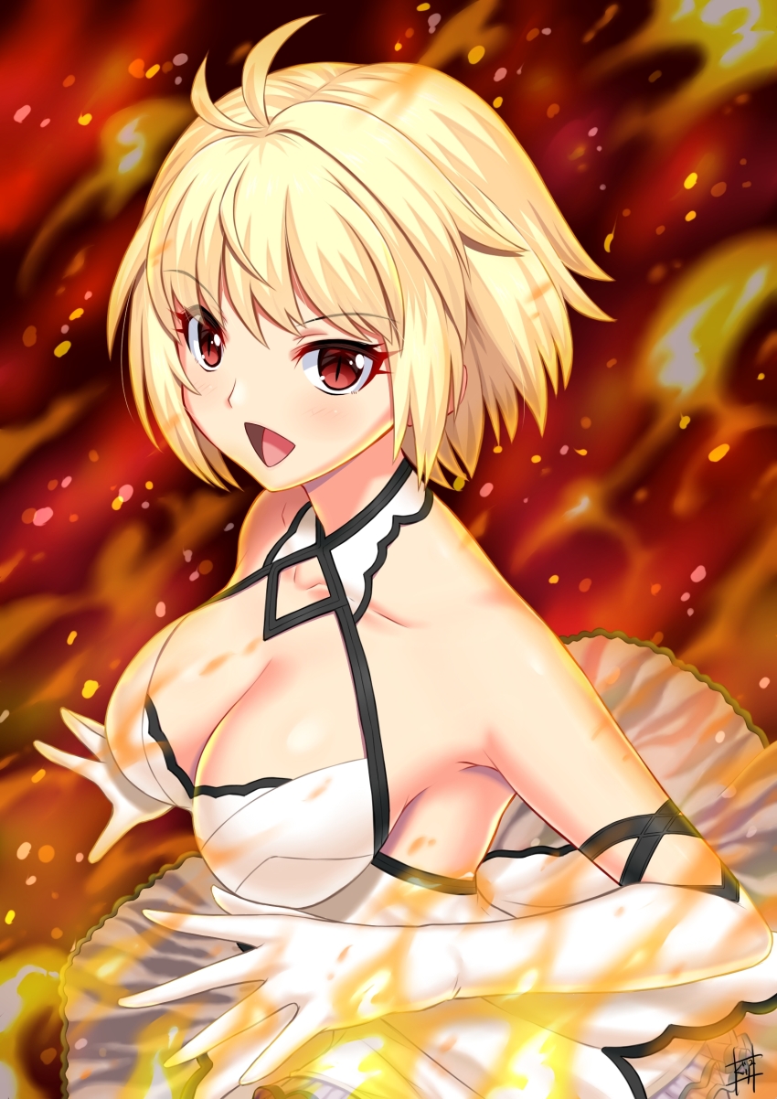 1girl arcueid_brunestud bare_shoulders blonde_hair blush breasts cleavage dress elbow_gloves fiery_background fire gloves guriguri_(arayotto4351) highres large_breasts looking_at_viewer open_mouth red_eyes short_hair smile solo tsukihime white_dress white_gloves