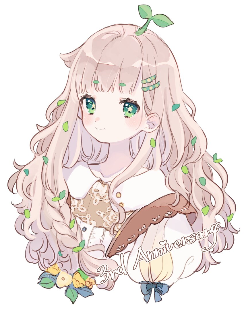 1girl absurdres blunt_bangs braid closed_mouth collared_shirt green_eyes hair_ornament hairclip highres jikuno light_brown_hair long_hair looking_at_viewer original portrait shirt simple_background smile solo wavy_hair white_background