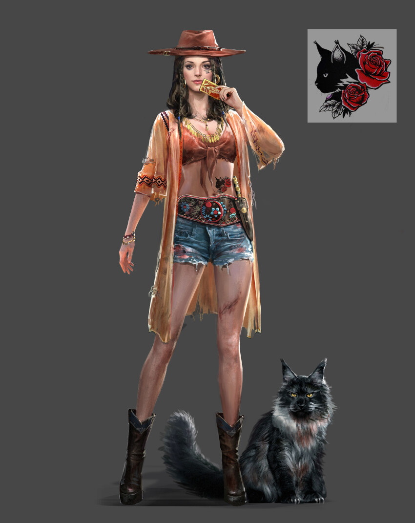 1girl absurdres bare_legs belt black_belt black_boots black_cat black_eyes black_hair blood blood_on_clothes blue_shorts boots bracelet braid brown_hat card cat cat_tattoo close-up closed_mouth commentary cowboy_hat crop_top dagger denim denim_shorts earrings english_commentary facial_tattoo floral_print flower flower_tattoo front-tie_top full_body gold_bracelet gold_earrings grey_background gs_(raygao211) gypsy hat highres holding holding_card hoop_earrings jacket jewelry knees knife leaf lipstick long_hair long_sleeves looking_at_viewer makeup midriff navel open_clothes open_jacket orange_jacket orange_shirt original pink_lips realistic red_flower red_rose rose scar scar_on_leg shadow sheath sheathed shirt short_sleeves shorts simple_background single_braid smile solo standing stomach_tattoo tarot tarot_card tattoo thick_eyebrows three-quarter_sleeves torn_clothes torn_shorts weapon wide_sleeves