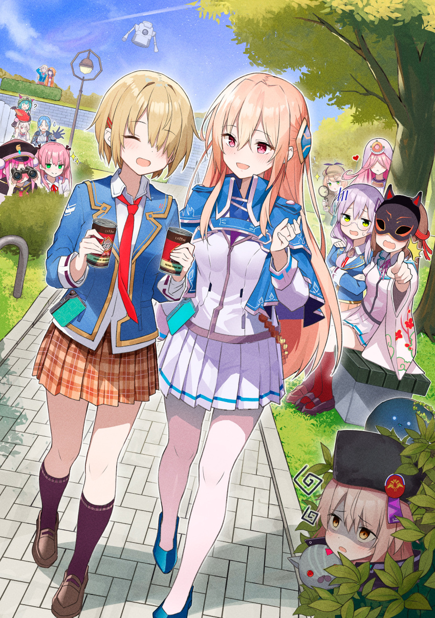 6+girls absurdres aikawa_megumi asakura_karen_(heaven_burns_red) blonde_hair brown_hair bungo_yayoi can charlotta_skopovskaya drink_can fox_mask hanamura_shiki heaven_burns_red highres holding holding_can irene_redmayne izumi_yuki_(heaven_burns_red) kayamori_ruka kiryuu_miya kunimi_tama long_hair mask multiple_girls narby_(heaven_burns_red) orange_hair purple_hair rinki_oohen sakuraba_seira shirakawa_yuina short_hair skirt toujou_tsukasa yamawaki_bon_ivar