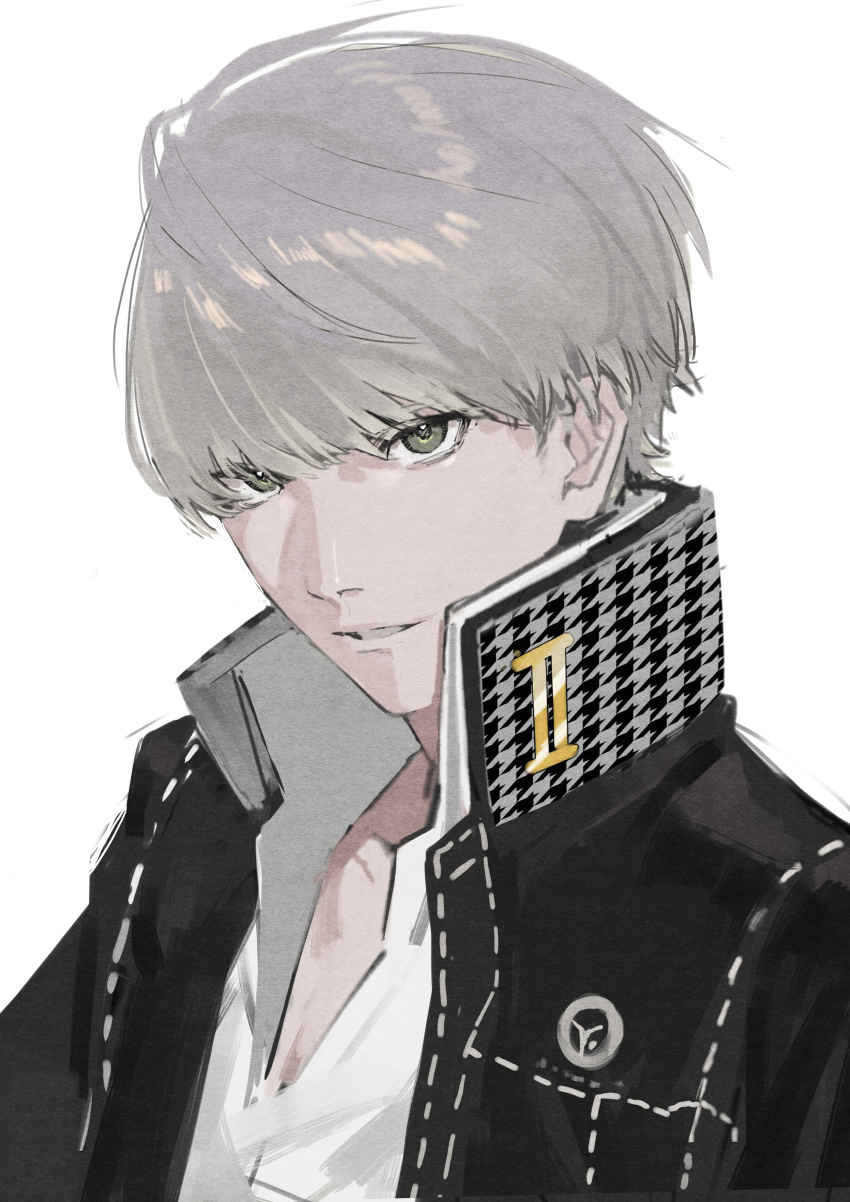 1boy absurdres black_coat coat grey_hair highres open_mouth persona persona_4 shirt short_hair solo white_background white_shirt xiao_chichi