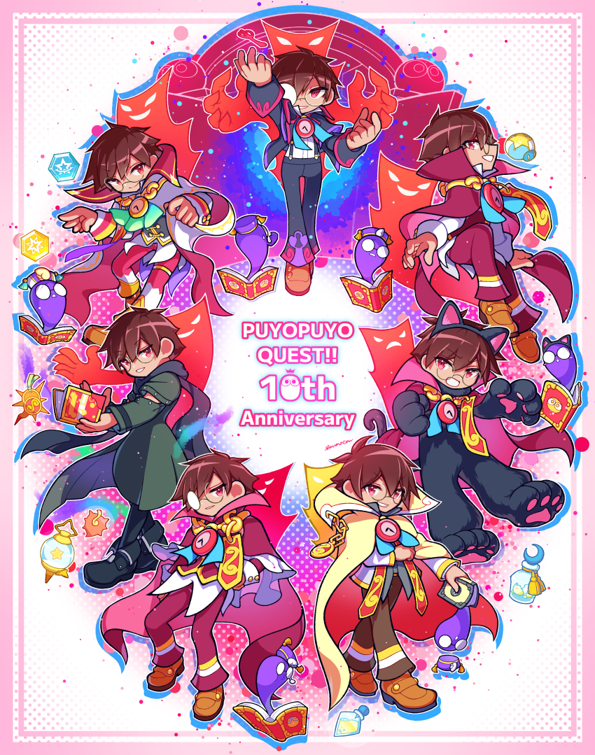 6+boys :d absurdres animal_costume animal_ears animal_hands anniversary arm_at_side arm_up artist_name ascot black_footwear black_pants black_scarf book border bottle brown_footwear brown_hair brown_pants cape cat_costume cat_ears cat_tail character_print clock closed_mouth colored_eyelashes copyright_name cosplay drop_shadow empty_eyes fake_animal_ears full_body glasses gloves green_ascot grin hand_on_own_hip highres holding holding_book kamen_rider kamen_rider_zi-o_(series) kigurumi klug_(puyopuyo) loafers long_sleeves looking_at_viewer male_focus multiple_boys official_alternate_costume official_cosplay opaque_glasses open_book open_mouth outline pants partially_opaque_glasses paw_gloves pink_border purple_cape purple_pants purple_vest puyo_(puyopuyo) puyopuyo puyopuyo_quest red_eyes round_eyewear scarf screentones shirt shoes short_hair sideways_mouth signature simple_background smile smirk soumatou_169 strange_klug suspenders tail vest white_background white_outline white_shirt woz_(kamen_rider_zi-o) woz_(kamen_rider_zi-o)_(cosplay) yellow_cape