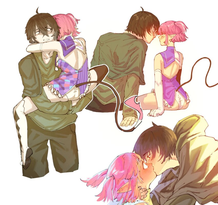 1boy 1girl ahoge black_hair blush bow breasts camila_(vtuber) demon_girl facial_mark gloves heart highres indie_virtual_youtuber kiss long_hair multicolored_hair otjareniy pink_hair pointy_ears purple_eyes streaked_hair tagme tail two_side_up vedal987 vedal_ai virtual_youtuber white_hair wings