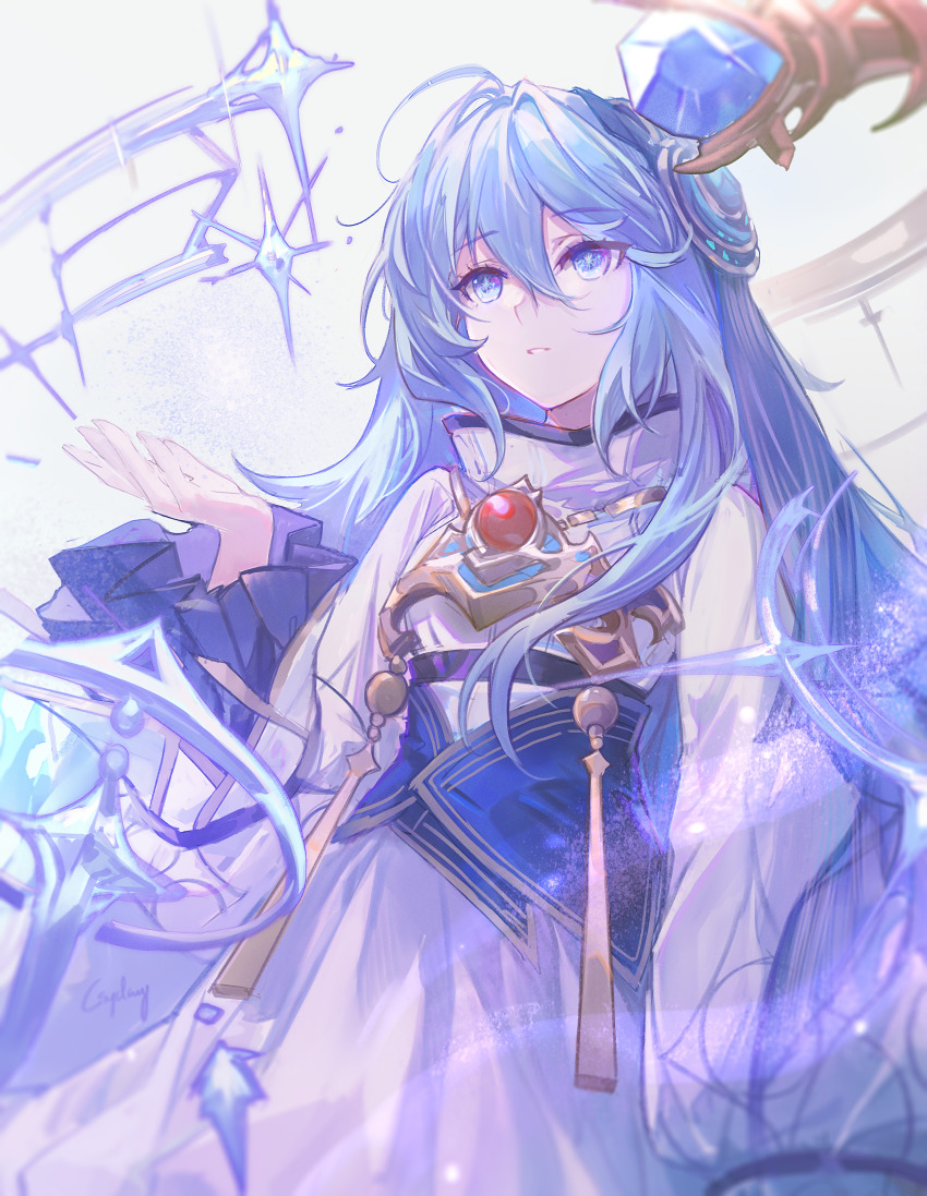 1girl absurdres blue_eyes blue_gemstone blue_hair csyday dress dungeon_and_fighter gem hair_between_eyes hair_ornament highres jewelry layered_sleeves long_hair long_sleeves mu_(dungeon_and_fighter) red_gemstone signature simple_background solo star-shaped_pupils star_(symbol) symbol-shaped_pupils upper_body white_dress
