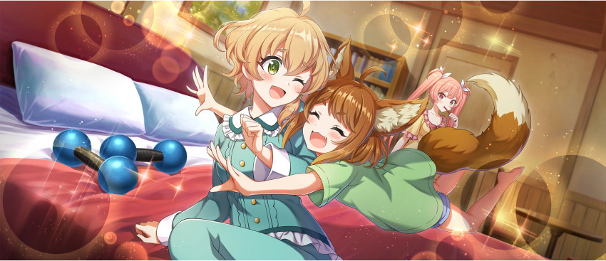 :3 ;d ahoge animal_ears bed bedroom blonde_hair brown_hair brushing_teeth cielo_(konosuba) clenched_hand closed_eyes double-parted_bangs dumbbell erika_(konosuba) fang game_cg green_eyes green_pajamas green_shirt hair_ribbon highres hug hug_from_behind imminent_hug indoors kono_subarashii_sekai_ni_shukufuku_wo! konosuba!_fantastic_days light_blush long_hair miia_(konosuba) official_alternate_costume official_art on_bed one_eye_closed open_mouth outstretched_arms oversized_clothes oversized_shirt pajamas pillow pink_eyes pink_hair ribbon shirt short_hair shorts sidelocks single_sidelock sitting smile sparkle standing t-shirt tail twintails very_long_hair wavy_hair white_ribbon yellow_pajamas