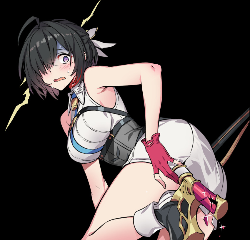 1girl ahoge asymmetrical_bangs atelier_(series) atelier_yumia between_breasts black_background black_hair blush breasts commentary_request dress gloves grey_corset high_heels highres large_breasts looking_back medium_hair mole mole_under_eye multicolored_hair nervous_sweating parted_bangs partially_fingerless_gloves pikkard_(user_dvjw5784) purple_eyes red_gloves red_hair simple_background solo sparkle strap_between_breasts streaked_hair sweat two-tone_hair wavy_mouth white_dress yumia_liessfeldt