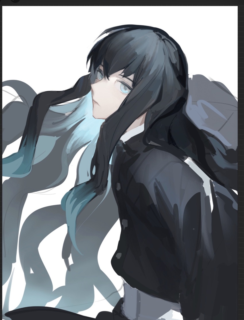 1boy black_border black_hair black_jacket blue_eyes blue_hair border chinese_commentary colored_inner_hair colored_tips commentary demon_slayer_uniform from_side highres jacket kimetsu_no_yaiba long_hair looking_at_viewer looking_to_the_side male_focus meru02295238 multicolored_hair sideways_glance simple_background solo tokitou_muichirou upper_body wavy_hair white_background