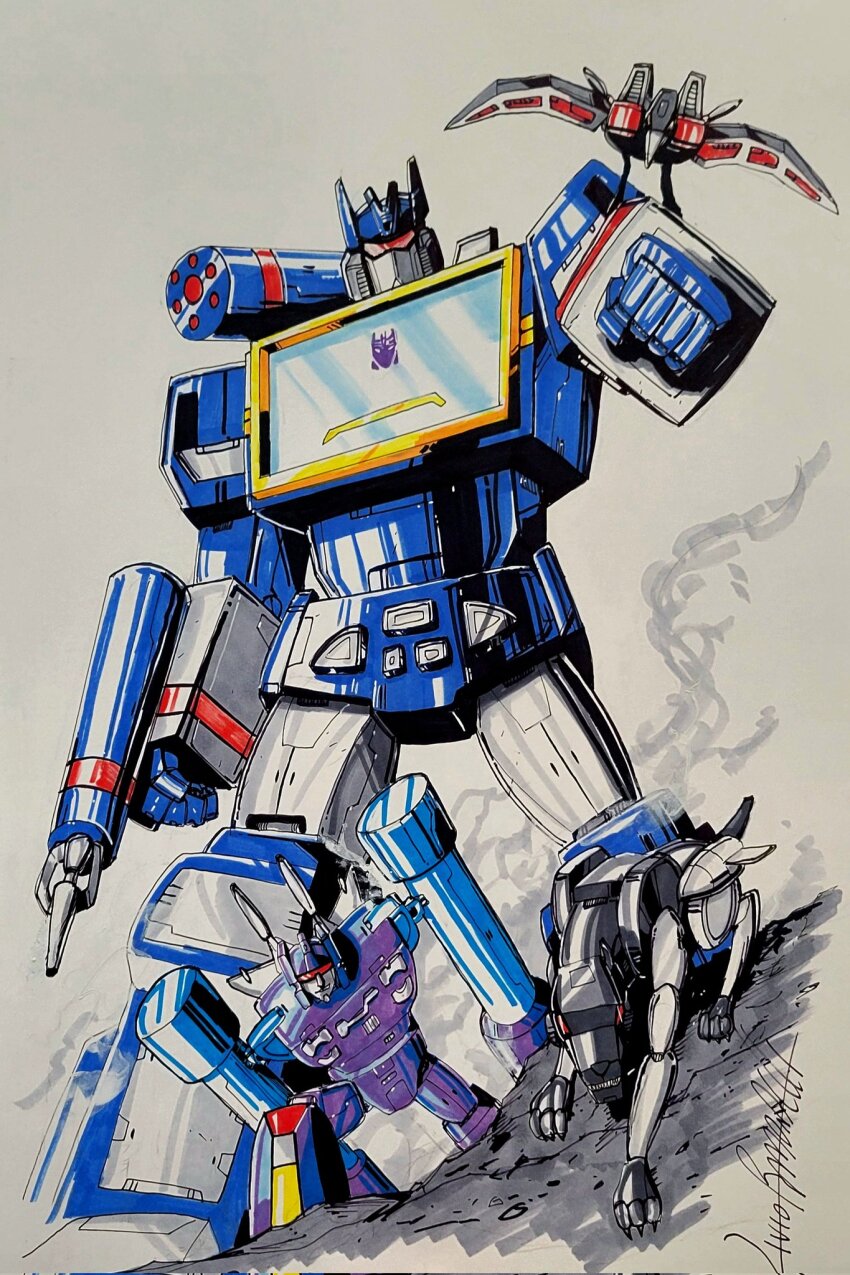 assault_visor decepticon frenzy_(transformers) highres humanoid_robot insignia laserbeak livioramondelli mecha non-humanoid_robot ravage_(transformers) red_visor robot robot_animal science_fiction shoulder_cannon soundwave_(transformers) transformers transformers:_generation_1