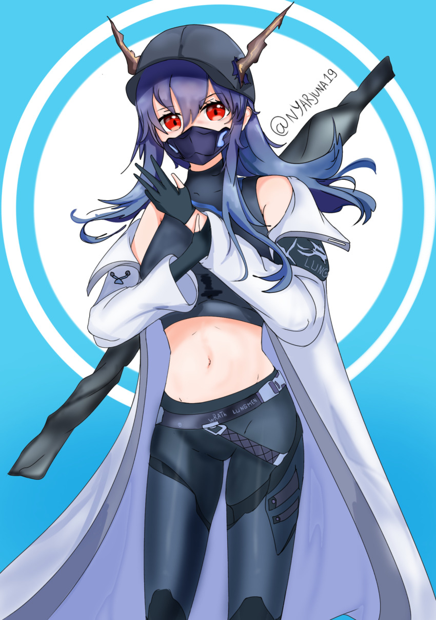 1girl absurdres arknights bare_shoulders baseball_cap belt black_belt black_gloves black_hat black_shirt blue_archive blue_background blue_hair blue_pants ch&#039;en_(arknights) coat commentary_request cosplay cowboy_shot crop_top dragon_horns gloves hair_between_eyes hat highres horns horns_through_headwear ishigami_shizuka leggings long_hair looking_at_viewer mask midriff mouth_mask navel nyarjuna off_shoulder open_clothes open_coat pants red_eyes saori_(blue_archive) saori_(blue_archive)_(cosplay) shirt sleeveless sleeveless_shirt solo standing stomach thighs voice_actor_connection white_coat