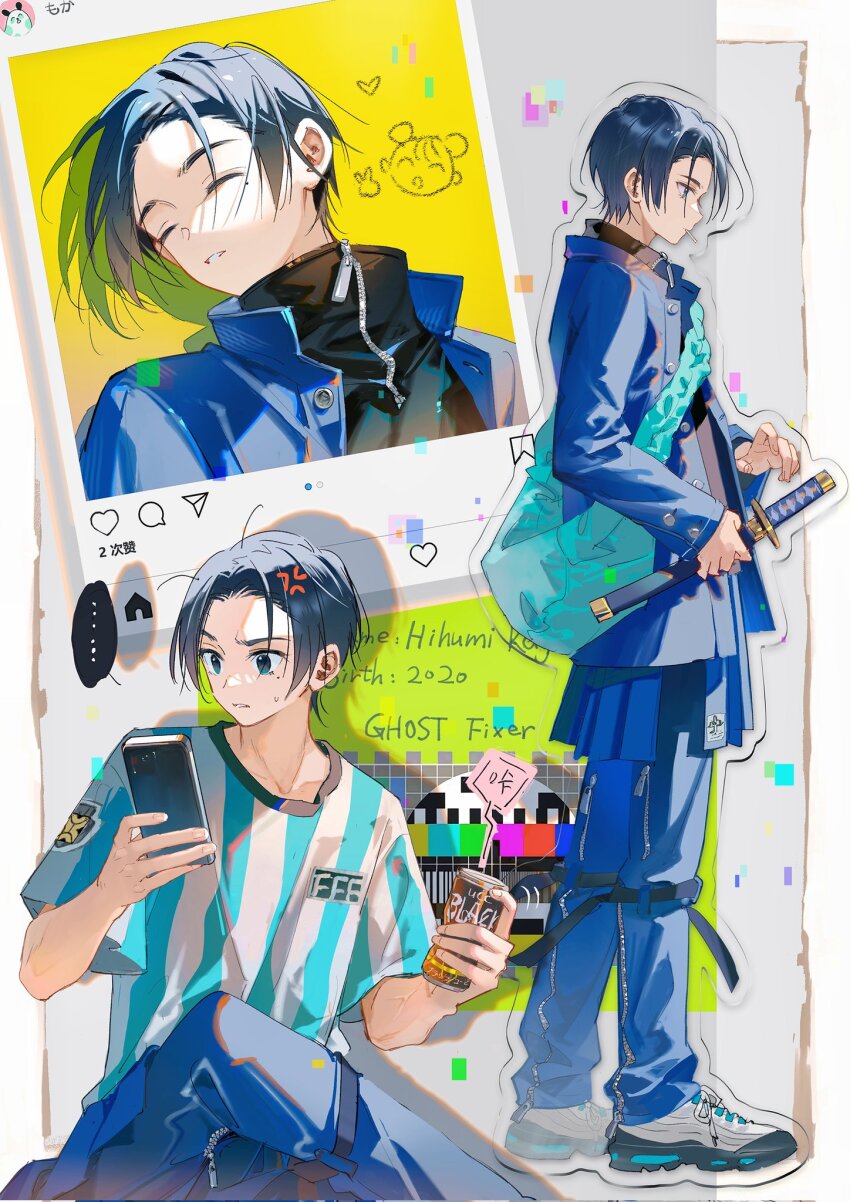 1boy anger_vein angry bag blue_hair blue_pants can dark_blue_hair english_text full_body ghost_fixers highres holding instagram jacket kagome_hifumi katana pants phone school_uniform shirt shoes sleeping striped_clothes striped_shirt sweat sword tidsean weapon white_footwear zipper