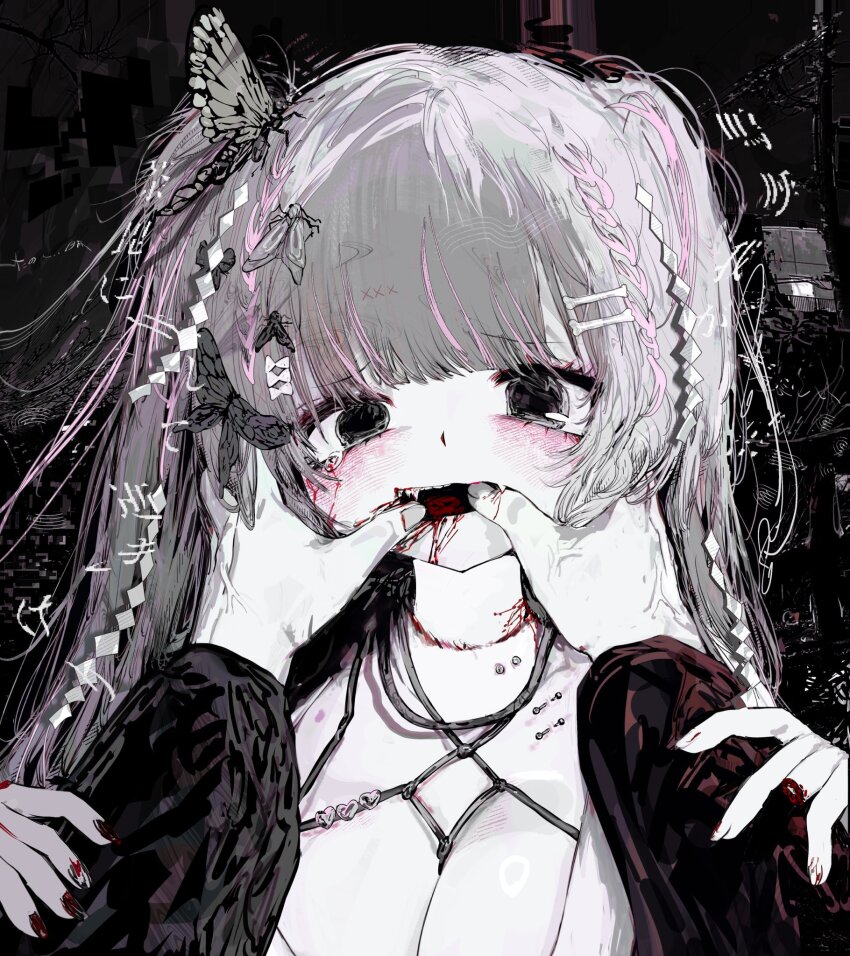 1girl black_background black_eyes black_nails blood blood_on_face bug butterfly crying crying_with_eyes_open fangs guro hand_on_another&#039;s_hand hand_on_own_face highres holding_hands horror_(theme) insect looking_at_viewer open_mouth pakiruchang piercing tears teeth twintails white_hair